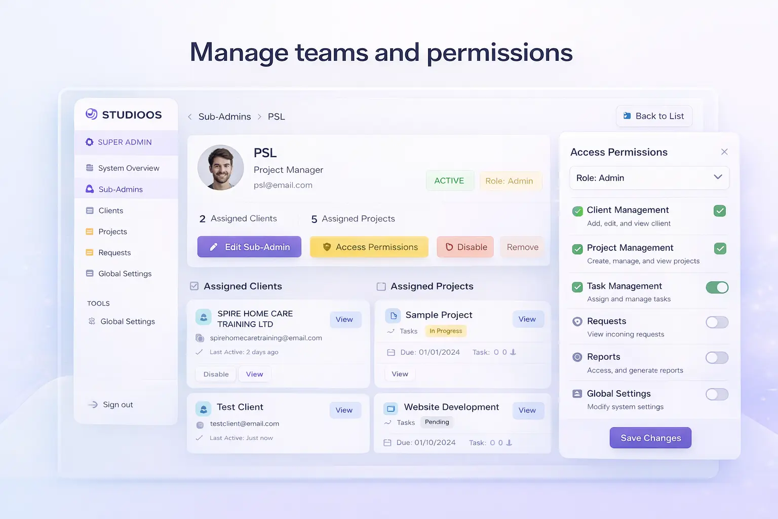 Studio OS role and permission system preview.